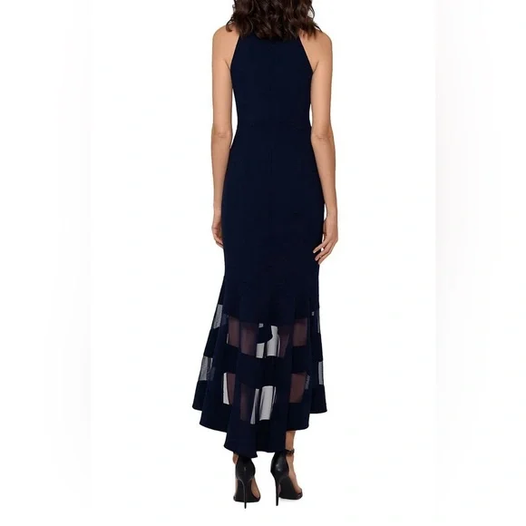❤️XSCAPE Womens Navy Zippered Sleeveless V Neck Midi Cocktail Mermaid Dress - Picture 5 of 9